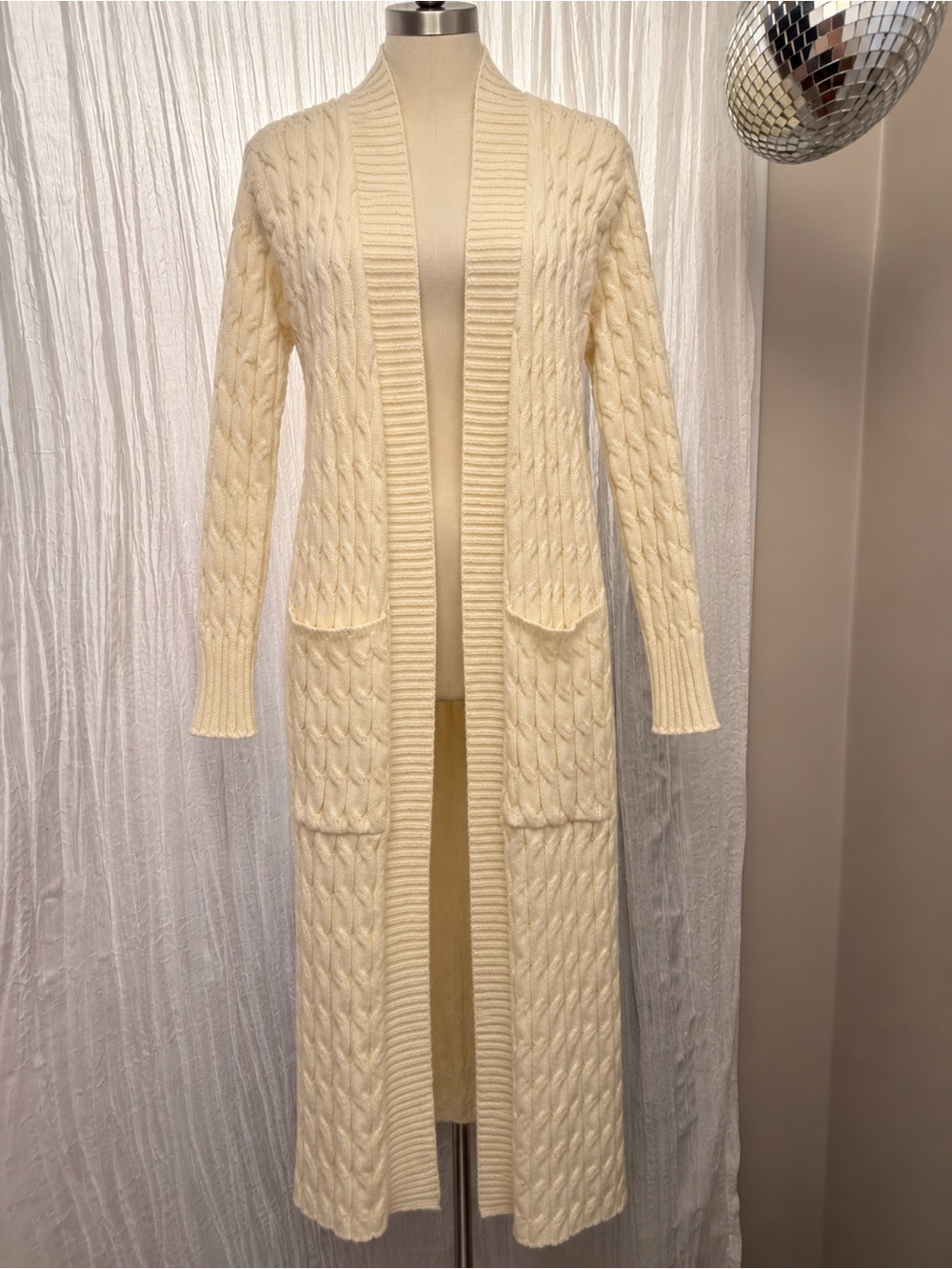 Long Cable Knit Open Cardigan Sweater - Cream